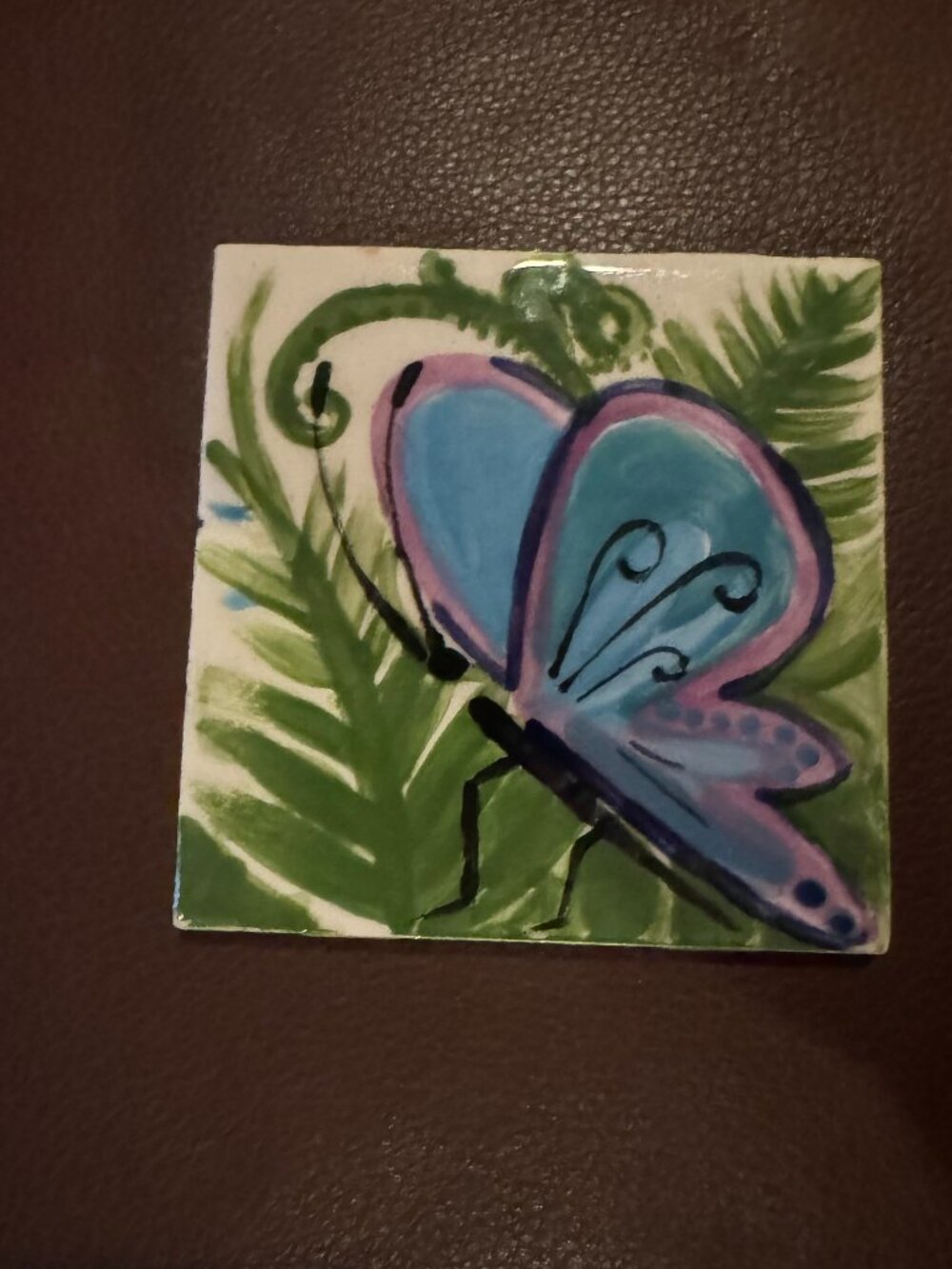 Hand-Painted Ceramic Butterfly Tile 4x4", Blue & Pink on Fern Green Background